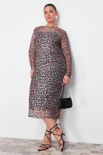 Trendyol Curve Multicolored Leopard Patterned Tulle Midi Knitted Dress