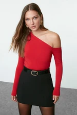 Trendyol Red Slim Snap Fastener Asymmetric Collar Stretchy Knitted Bodysuit