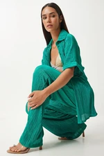 Happiness İstanbul Women's Green Pleated Shirt and Trousers Set