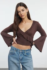 Trendyol Brown Wrap Knitwear Look Spanish Sleeve Regular/Normal Fit Knitted Blouse