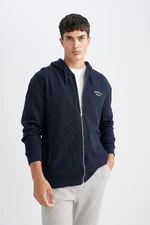 DEFACTO Men's Navy Blue Relax Fit Casual Cut Hooded Waffle Zipper Pocket Sweatshirt