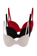 Trendyol Black-Red-Powder 3 Pack Polyamide Thread Strap Fixed Covered Knitted Bra