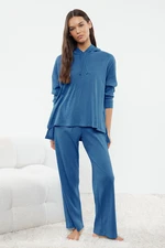 Trendyol Blue Cotton Hooded Ribbed Knitted Pajama Set