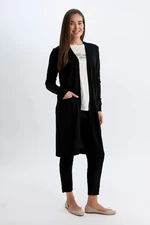 DEFACTO Regular Fit V Neck Basic Plain Pocket Long Black Knitted Cardigan