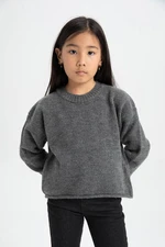 DEFACTO Girl's Anthracite Standard Fit Crew Neck Basic Plain Sweater