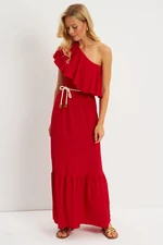 Cool & Sexy Women's Red Ruffle One Shoulder Midi Dress