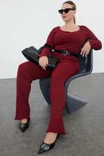 Trendyol Curve Dark Cherry Flounced Buttoned Knitwear Top and Bottom Set