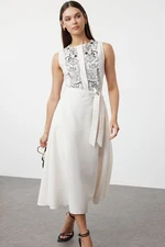 Trendyol White Belted Embroidered Midi Woven Dress