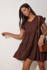 Happiness İstanbul Women's Brown V-Neck Ruffles Flare Knitted Summer Summer Dress