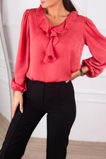 armonika Women's Dark Pink Satin Blouse with Frilled Collar on the Shoulders and Elasticated Sleeves