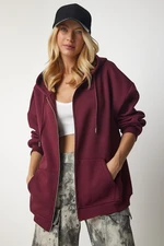 Happiness İstanbul Women's Burgundy Hooded Zipper Oversized Sweatshirt