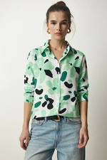 Happiness İstanbul Women's White Green Patterned Viscose Woven Shirt