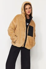 Trendyol EcruCamel Oversize Hooded Plush Coat with Pocket Detail