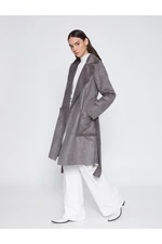 Koton Suede Look Long Coat Belted Wide Reverse Collar With Pocket