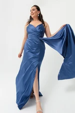 Lafaba Women's Indigo Plus Size Long Satin Evening Dress & Prom Dress