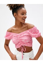 Koton Crop T-Shirt Floral Off-the-Shoulder Short Sleeves with Tie-Detail.