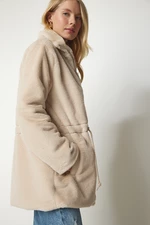 Happiness İstanbul Women's Beige Zipper Oversized Sheepskin Plush Coat