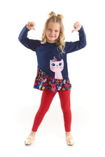 Denokids Floral Cat Girl Child Navy Blue Frilly Tunic Red Leggings Suite.