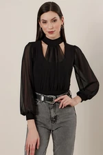 By Saygı Chiffon Lycra Blouse Front And Sleeves Black