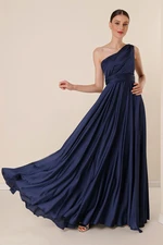 By Saygı One-Shoulder Draped Lined Wide-Shoulder Crepe Satin Long Dress