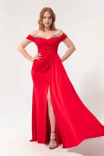 Lafaba Women's Red Long Evening Dress with Stones on the Collar and Tail