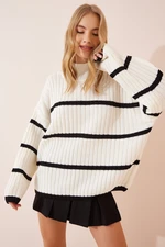 Happiness İstanbul Women's Ecru Turtleneck Striped Oversized Knitwear Sweater