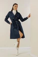 By Saygı Notched Collar Waist Belted, Pocket Soft Cotton Trench Coat.