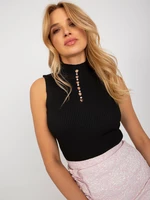 Black ribbed turtleneck blouse without sleeves