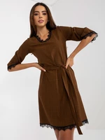 Light brown and black plaid cocktail dress with tie