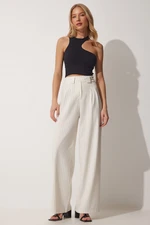 Happiness İstanbul Women's Light Cream Pleated Wide Leg Pants