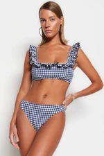 Trendyol Námořnická modrá Gingham Texturovaná Bralette Volánkový horní díl bikin