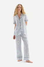 Dagi Blue Shirt Collar Tile Pattern Viscose Woven Pajamas Set