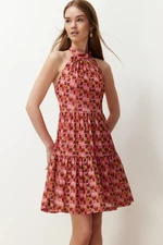 Trendyol Multicolored Special Textured Abstract Printed Stretchy Knitted Mini Dress with Ruffles Skirt