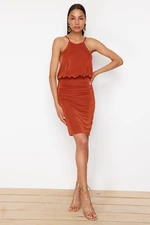 Trendyol Cinnamon Draped Shiny Surface Soft Textured Lined Knitted Mini Flexible Pencil Dress