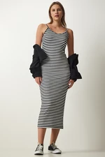 Happiness İstanbul Women's Black and White Strappy Ribbed Pencil Dress