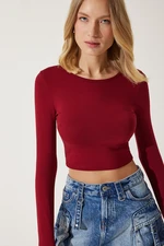 Happiness İstanbul Women Burgundy Crew Neck Basic Crop Knitted Blouse