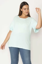 Şans Women's Plus Size Green Cotton Fabric Crew Neck Blouse with Ruffles