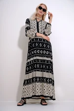 Trend Alaçatı Stili Women's Ecru-Black Collar Tassel Detailed Layered Flounced Ethnic Patterned Woven Viscose Dress