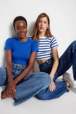 Trendyol Premium Saks-Ecru Saks Striped 2-Pack Viscose/Soft Fabric Crop Stretch Knitted Blouse