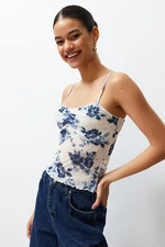 Trendyol Blue Floral Printed Adjustable Straps Special Textured Strappy Flexible Knitted Blouse