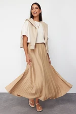 Trendyol Dark Beige Pleated Knitted Long Skirt