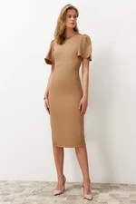 Trendyol Mink A-Line Midi Pencil Skirt Woven Dress with Pleat Detail on the Sleeve