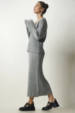 Happiness İstanbul Women's Gray Ribbed Sweater Skirt Knitwear Suit