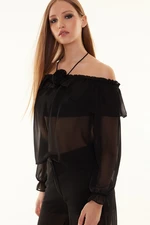 Trendyol Black Unlined Flounce Rose Detailed Woven Chiffon Blouse