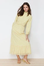 Trendyol Yellow Floral High Neck Waist Detailed Lined Chiffon Woven Dress