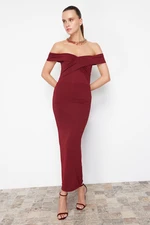 Trendyol Burgundy Fitted Glittering Window/Cut Out Detailed Glitter Knitted Elegant Evening Dress