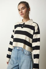 Happiness İstanbul Women's Cream Black Stylish Buttoned Collar Striped Crop Knitwear Sweater