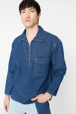 Trendyol Navy Blue Men's Oversized Zippered Denim Jeans Shirt