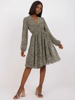 Green-beige dress with ZULUNA print with long sleeves