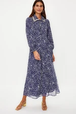 Trendyol Blue Floral Neck Detailed Lined Chiffon Woven Dress